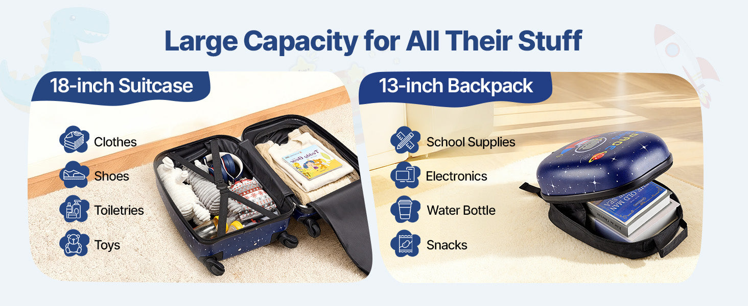 SucceBuy 2pcs Kids Luggage Set with Backpack 18in Rolling Wheels Suitcase Kids Carry on Luggage for Girls & Boys Travel Suitcase