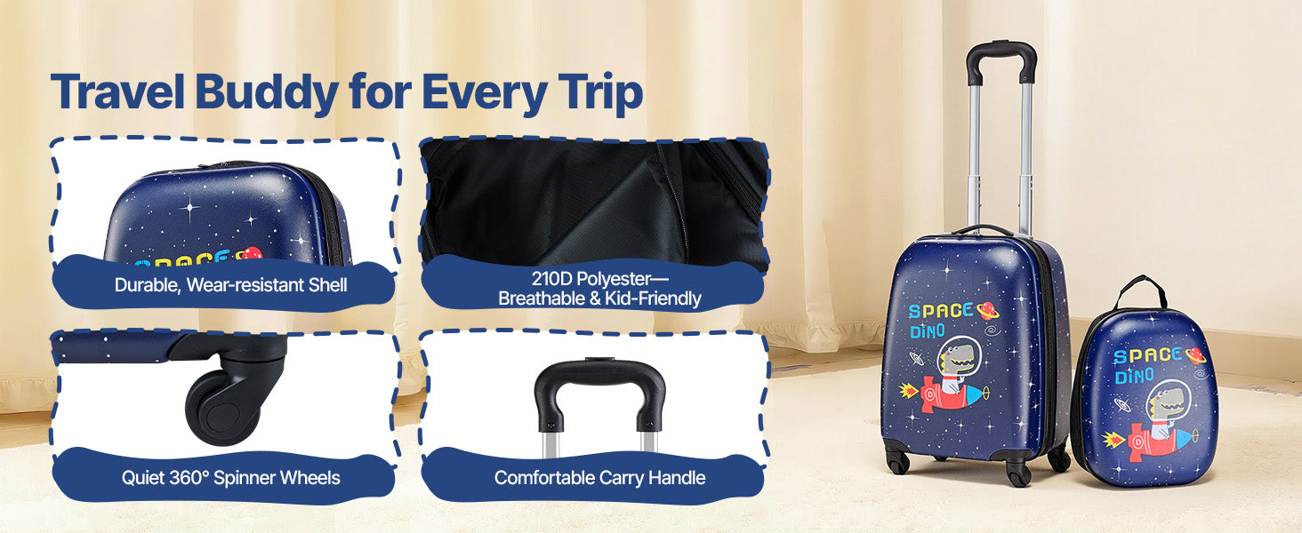 SucceBuy 2pcs Kids Luggage Set with Backpack 18in Rolling Wheels Suitcase Kids Carry on Luggage for Girls & Boys Travel Suitcase
