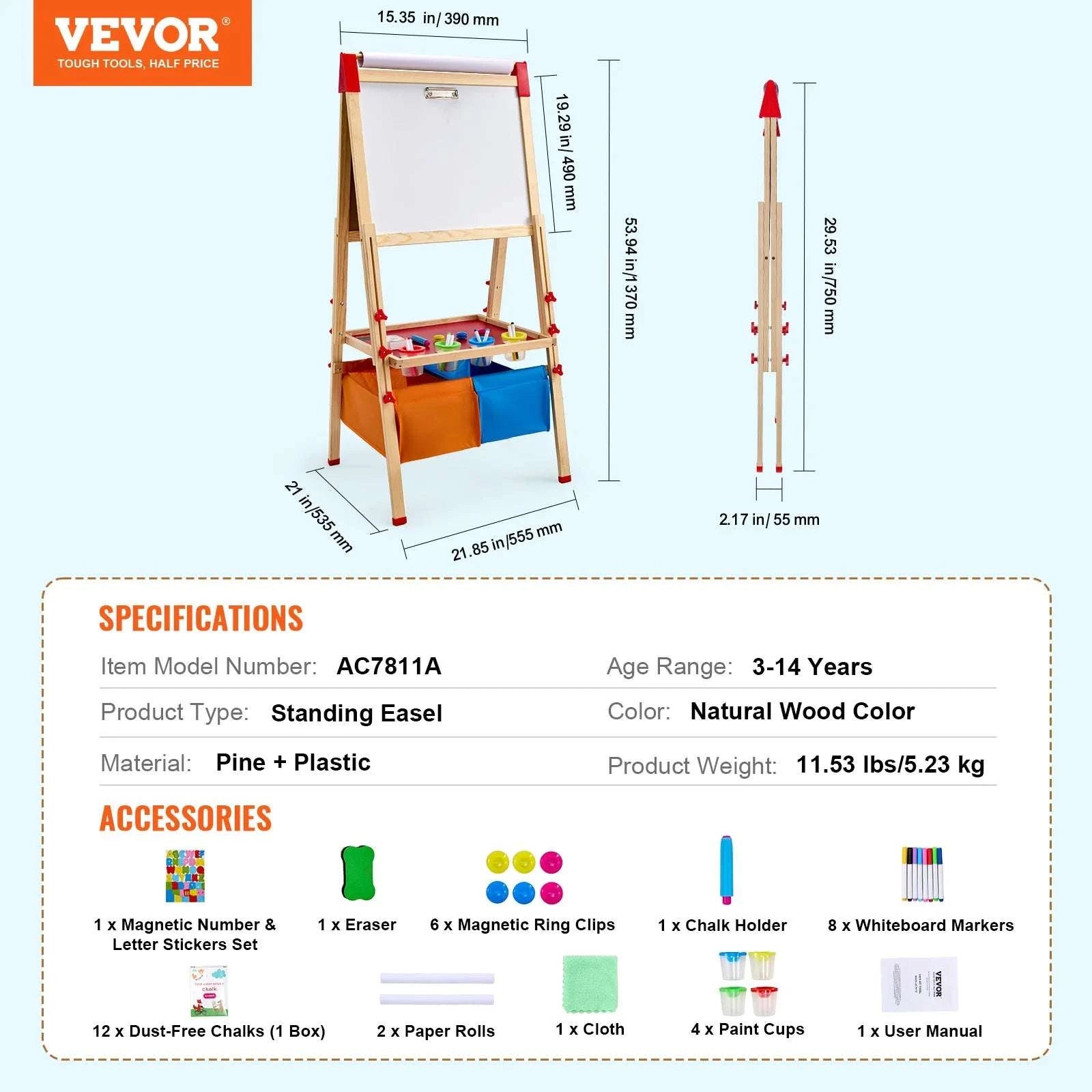 Kids Magnetic Art Easel Drawing Board with Adjustable Height Set-1PC / United States