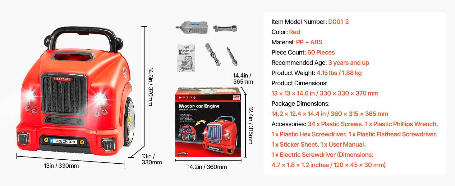 Kids Mechanic Truck Engine Toy Set with Tools, Lights & Sounds (60pcs)-Red / france