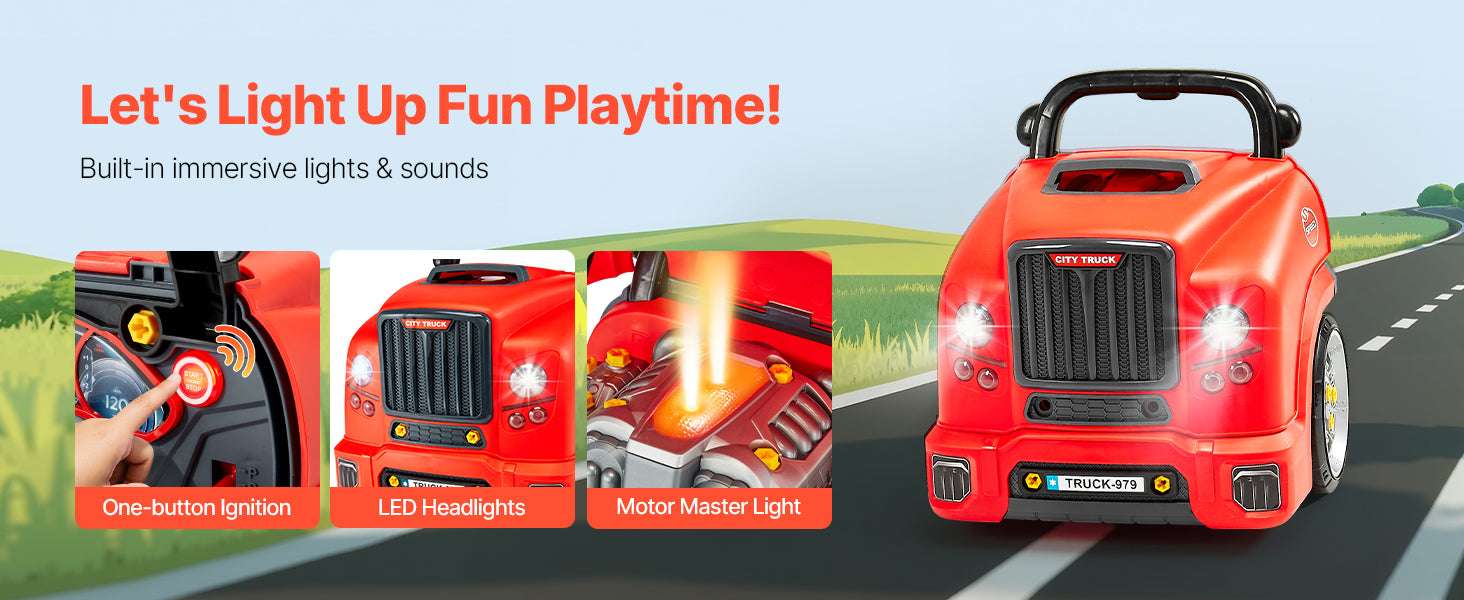 Kids Mechanic Truck Engine Toy Set with Tools, Lights & Sounds (60pcs)-Red / france