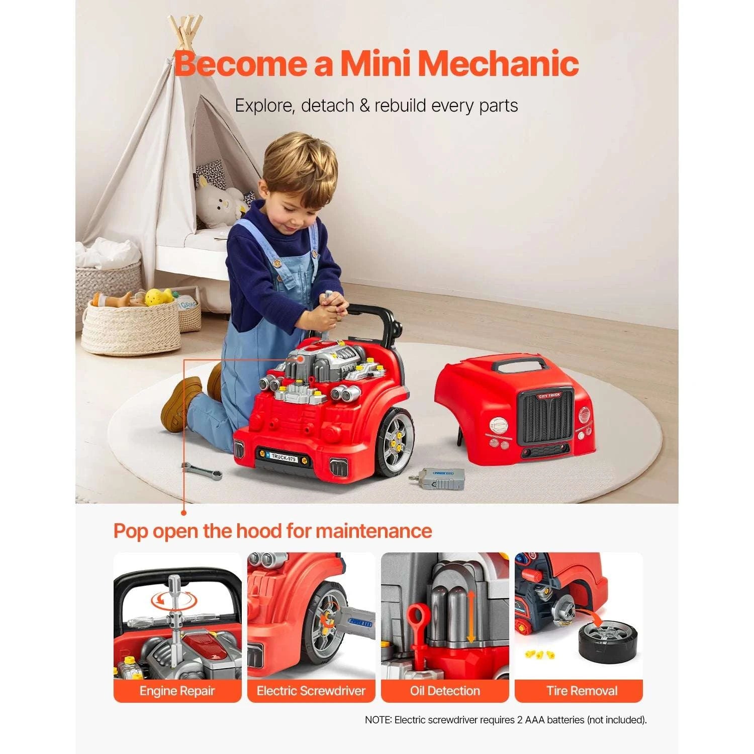 Kids Mechanic Truck Engine Toy Set with Tools, Lights & Sounds (60pcs)-Red / france