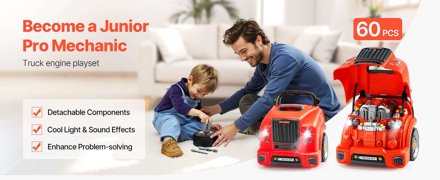Kids Mechanic Truck Engine Toy Set with Tools, Lights & Sounds (60pcs)-Red / france