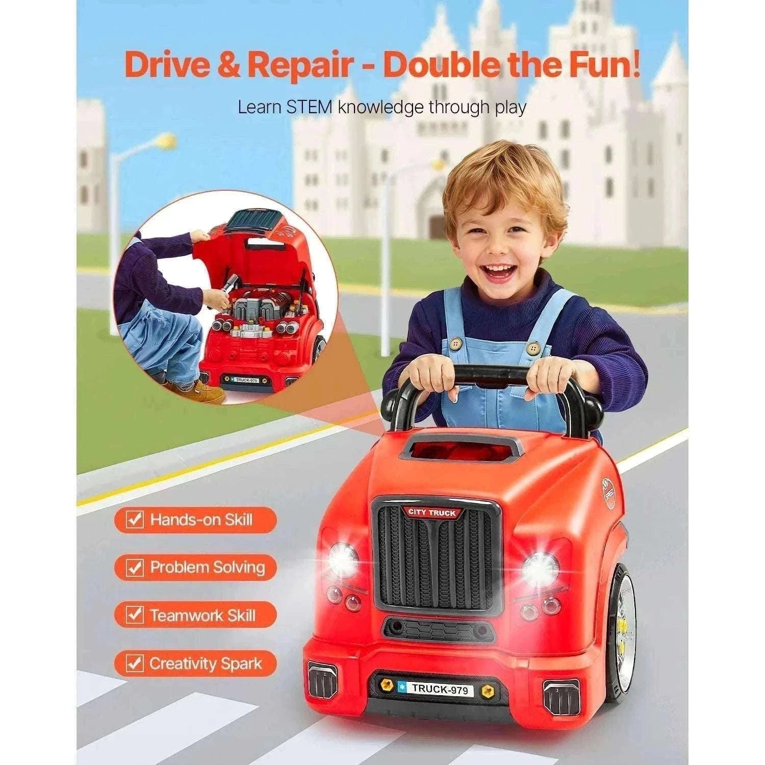 Kids Mechanic Truck Engine Toy Set with Tools, Lights & Sounds (60pcs)-Red / france