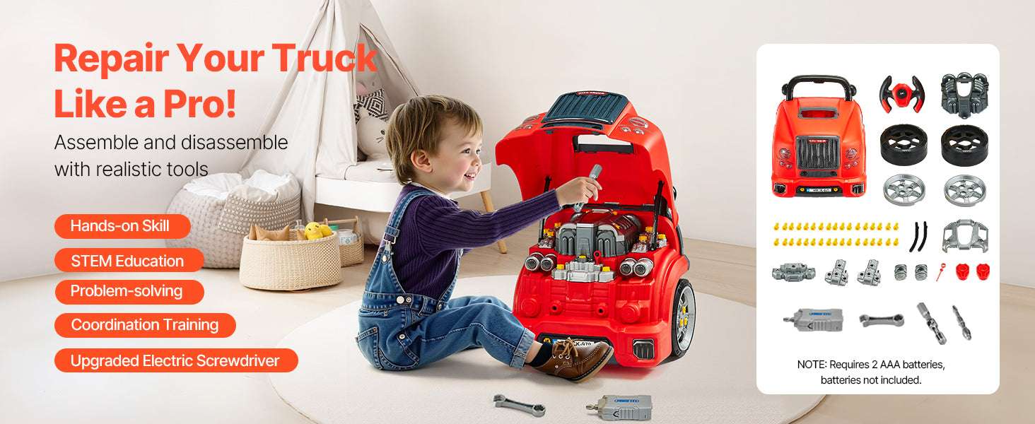 Kids Mechanic Truck Engine Toy Set with Tools, Lights & Sounds (60pcs)-Red / france