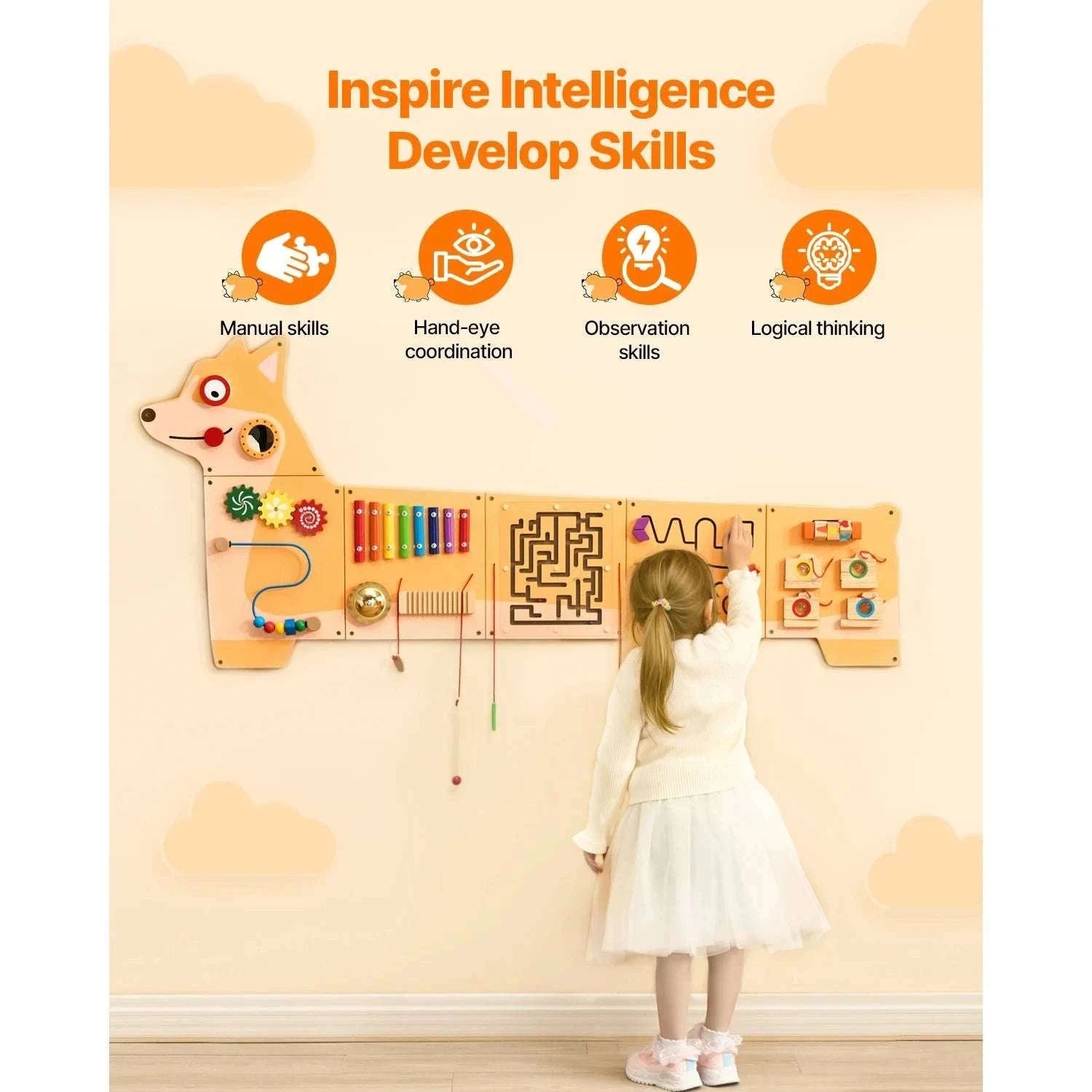 Kids Montessori Wall Busy Board – 12 Activity Sensory Panel-Puppy / United States