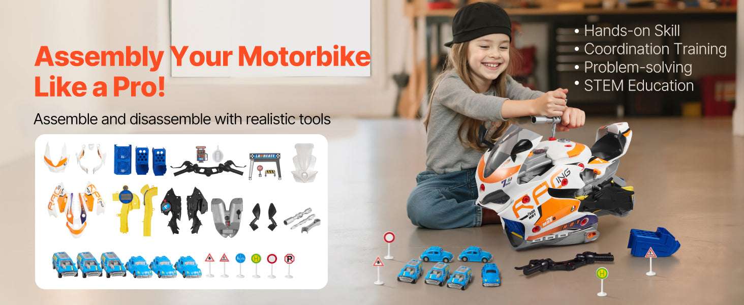 Kids Motorcycle Engine Toy Set with Lights, Sounds & 25 Pieces-Yellow / United States
