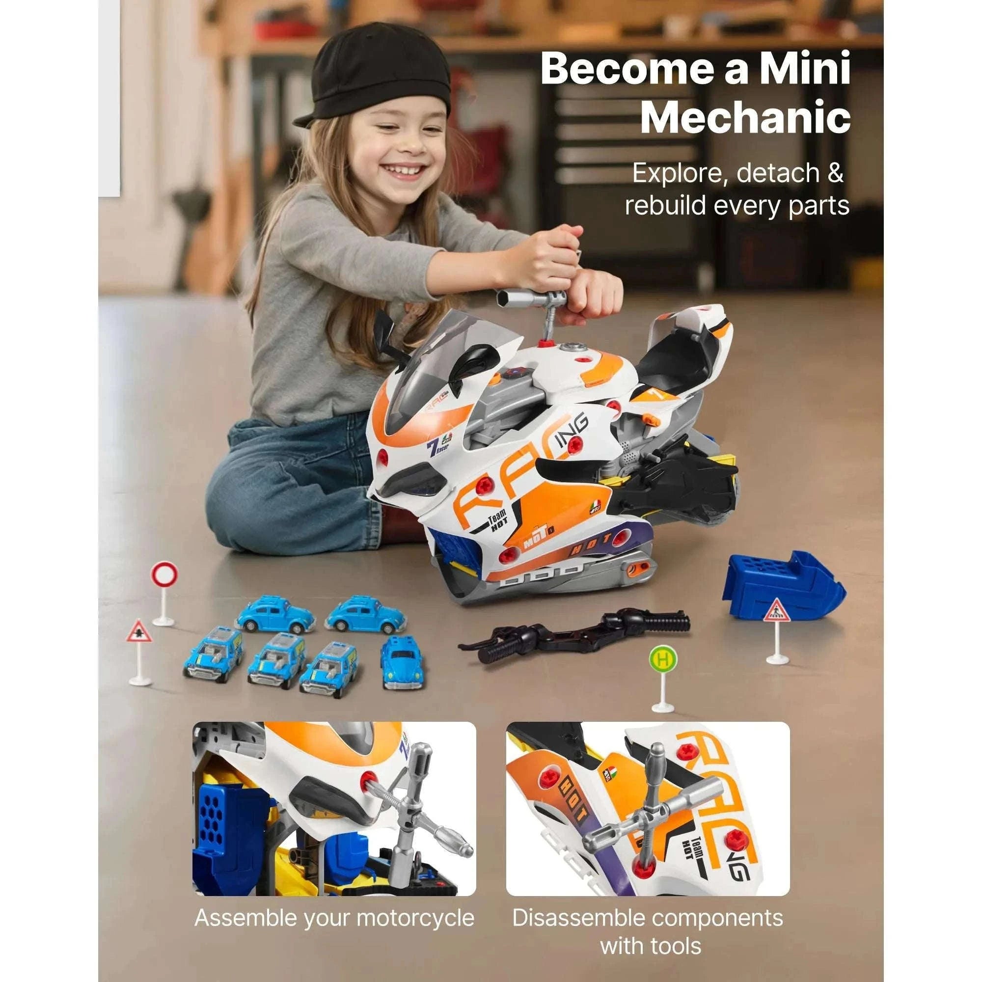 Kids Motorcycle Engine Toy Set with Lights, Sounds & 25 Pieces-Yellow / United States
