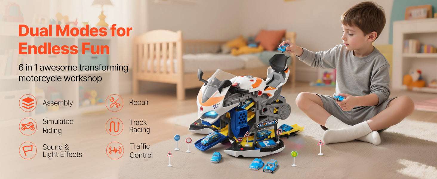 Kids Motorcycle Engine Toy Set with Lights, Sounds & 25 Pieces-Yellow / United States