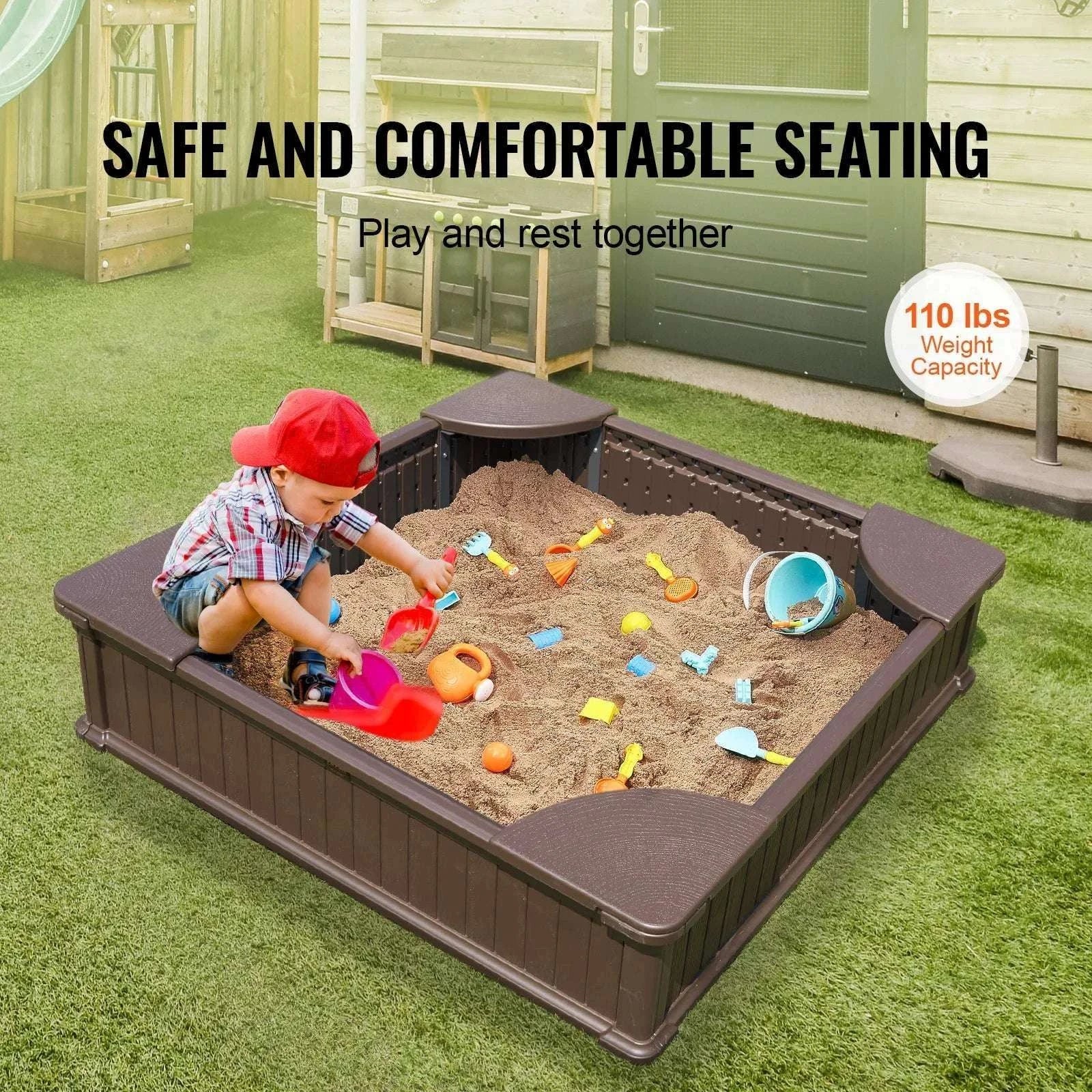 Kids Outdoor Sandbox with Cover & Seats 48.6" Square Play Sand Pit-Square Roof / CZECH REPUBLIC