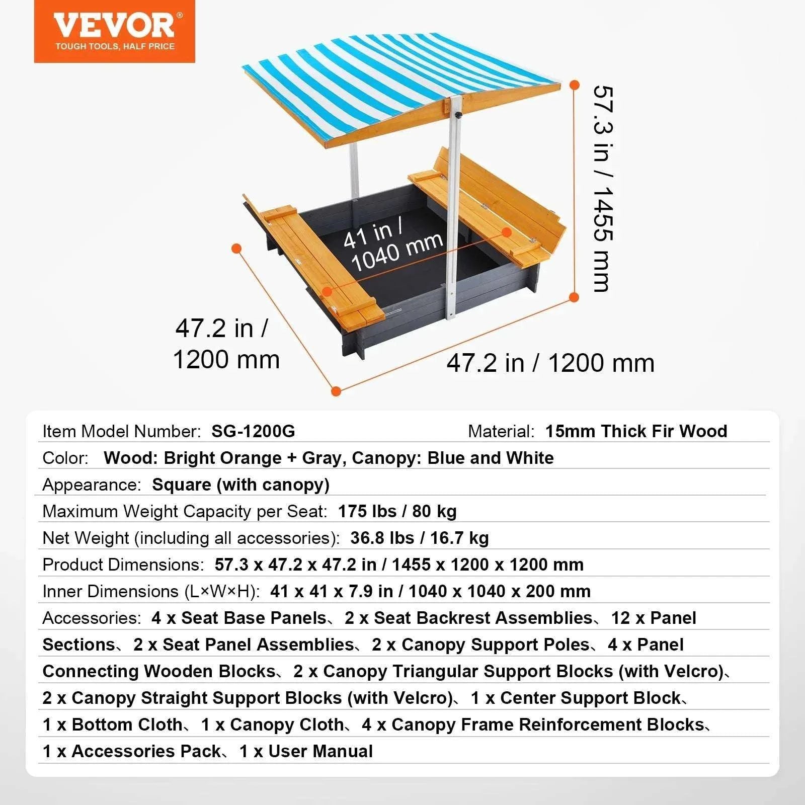 Kids Outdoor Sandbox with Cover & Seats 48.6" Square Play Sand Pit-Square Roof / CZECH REPUBLIC