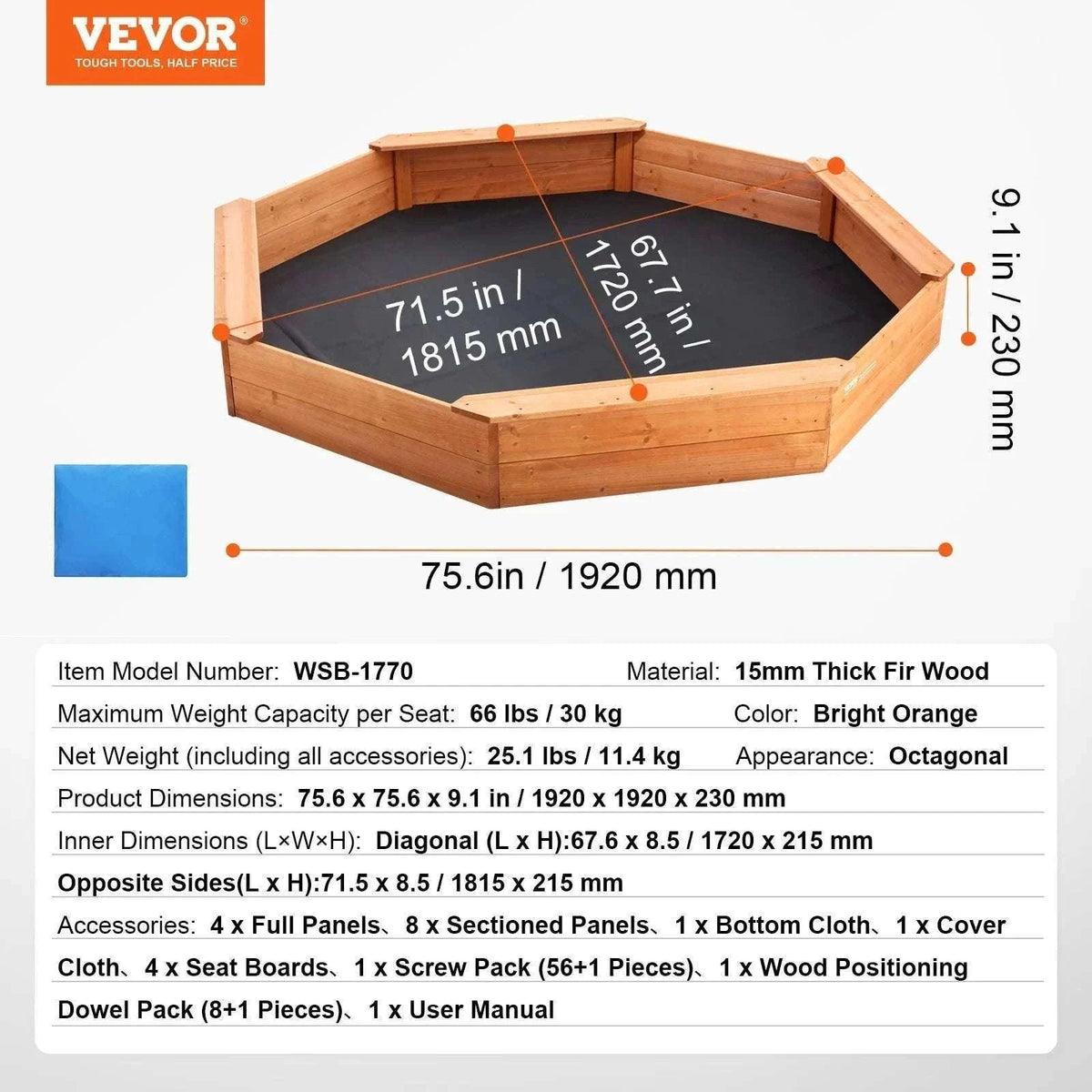 Kids Outdoor Sandbox with Cover & Seats 48.6" Square Play Sand Pit-Square Roof / CZECH REPUBLIC