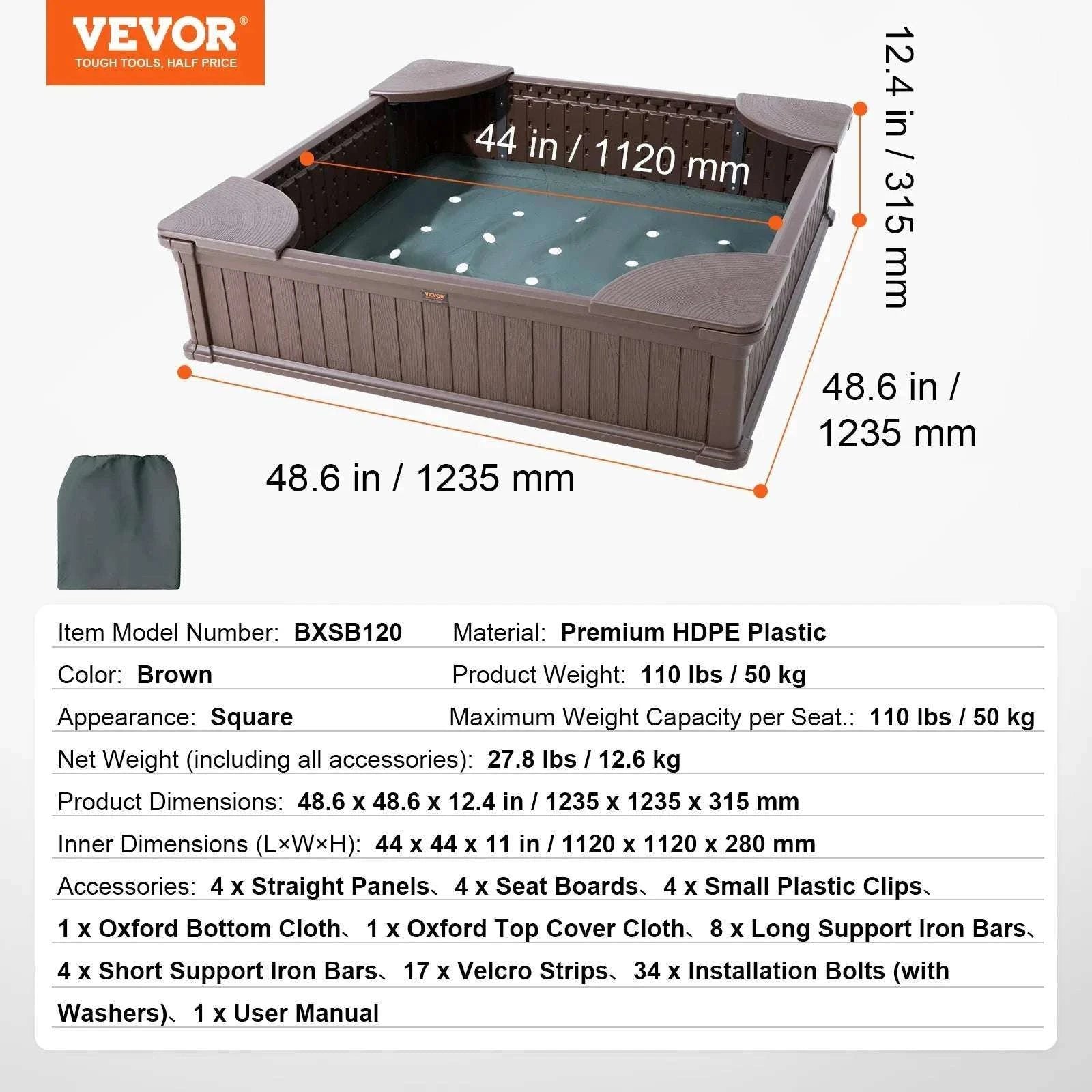 Kids Outdoor Sandbox with Cover & Seats 48.6" Square Play Sand Pit-Square Roof / CZECH REPUBLIC