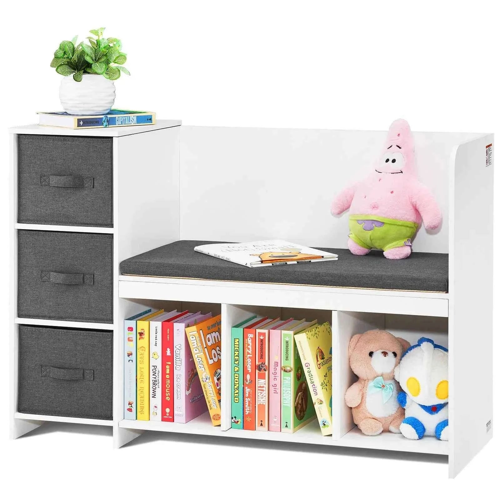 Kids Reading Bookcase Nook Bench with 6 Cubbies and 3 Drawers-White 41-46Inch / United States