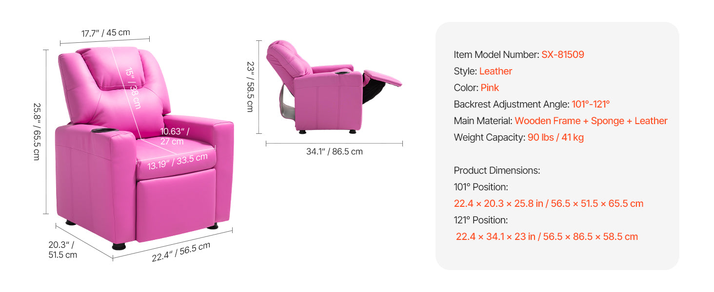 SucceBuy Kids Reclining Chair Toddler Recliner with Cup Holders and Pockets 107° to 126° Adjustable Backrest for Boys & Girls