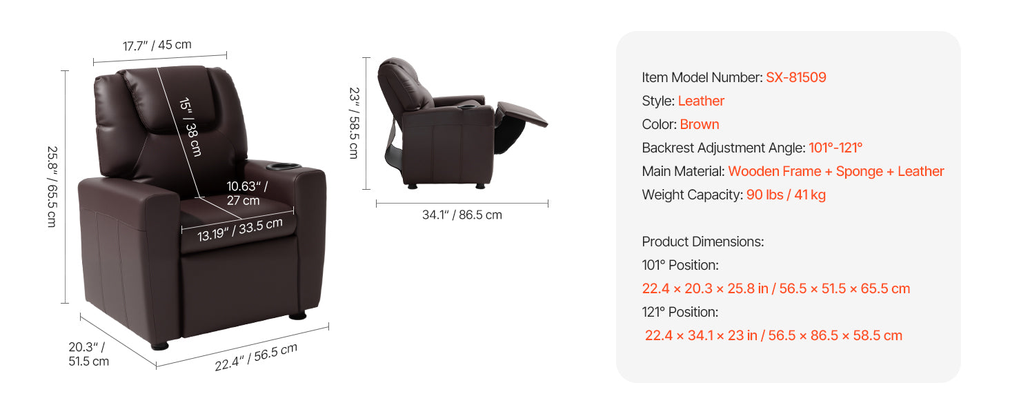 SucceBuy Kids Reclining Chair Toddler Recliner with Cup Holders and Pockets 107° to 126° Adjustable Backrest for Boys & Girls