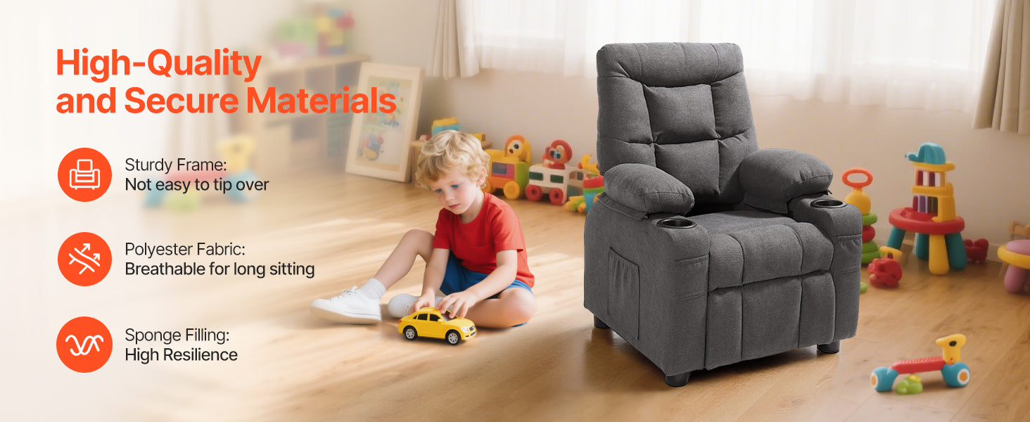 SucceBuy Kids Reclining Chair Toddler Recliner with Cup Holders and Pockets 107° to 126° Adjustable Backrest for Boys & Girls
