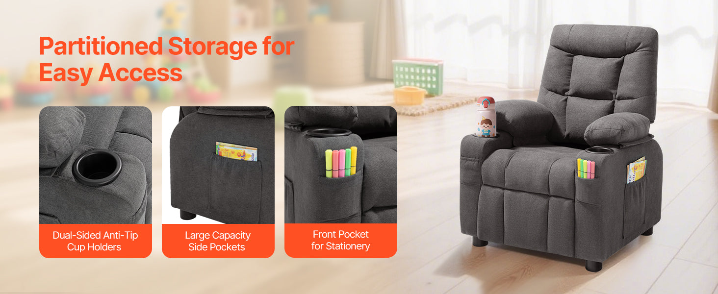 SucceBuy Kids Reclining Chair Toddler Recliner with Cup Holders and Pockets 107° to 126° Adjustable Backrest for Boys & Girls
