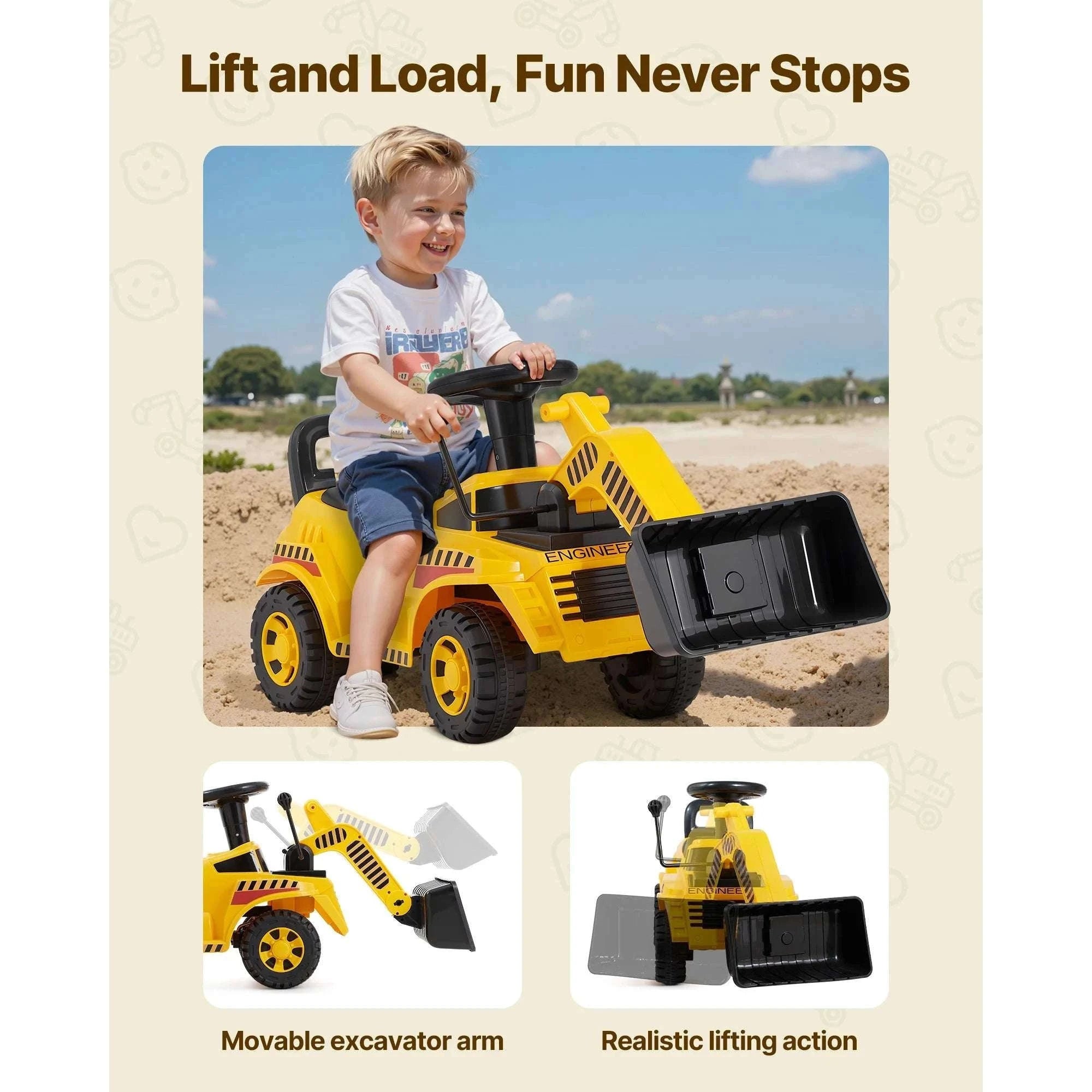Kids Ride-On Excavator Toy with Storage & Foot-to-Floor Drive-Yellow / United States