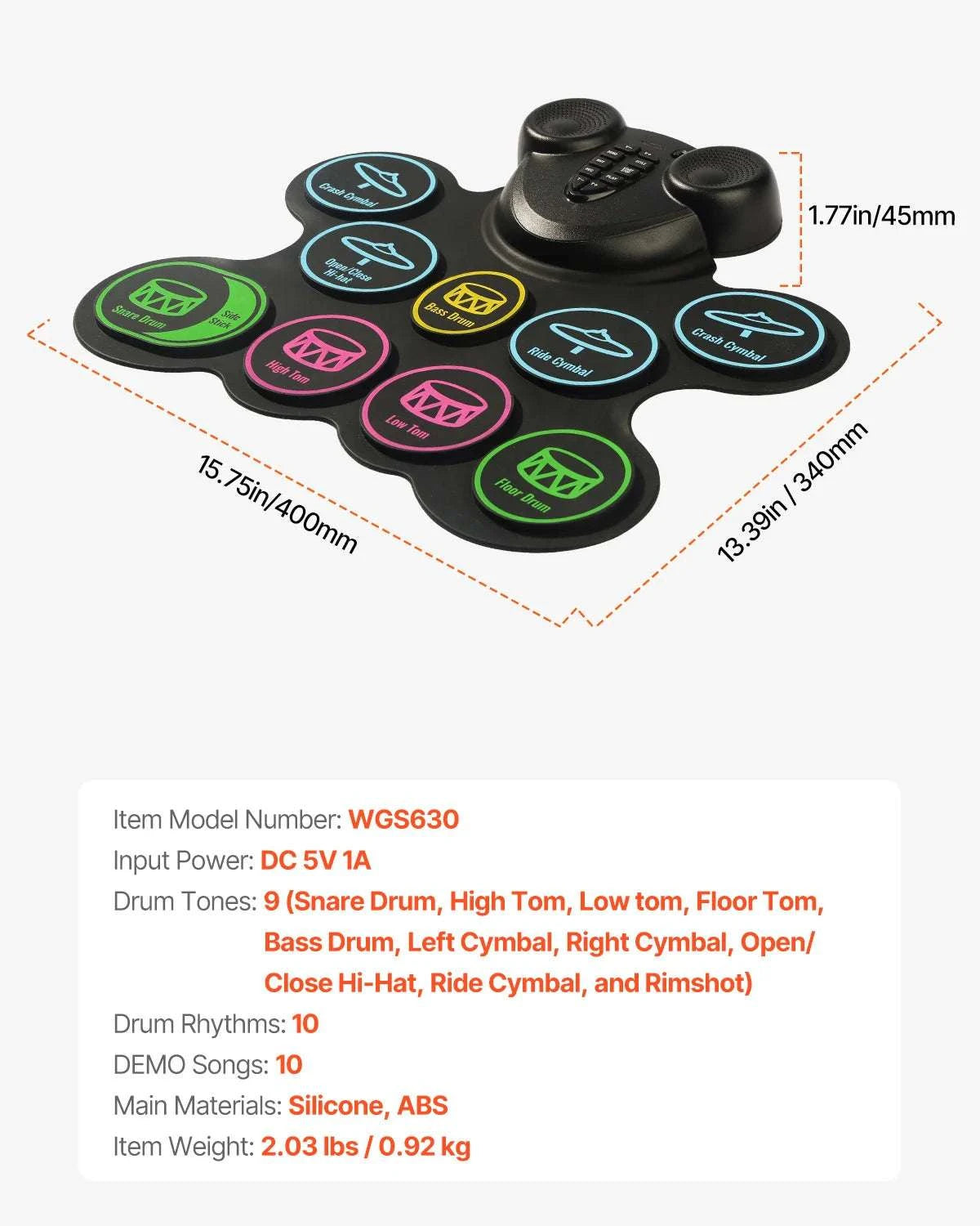 Kids Roll-Up Electronic Drum Set with 7 or 9 Pads & Pedals-7-Pad-Black / United States