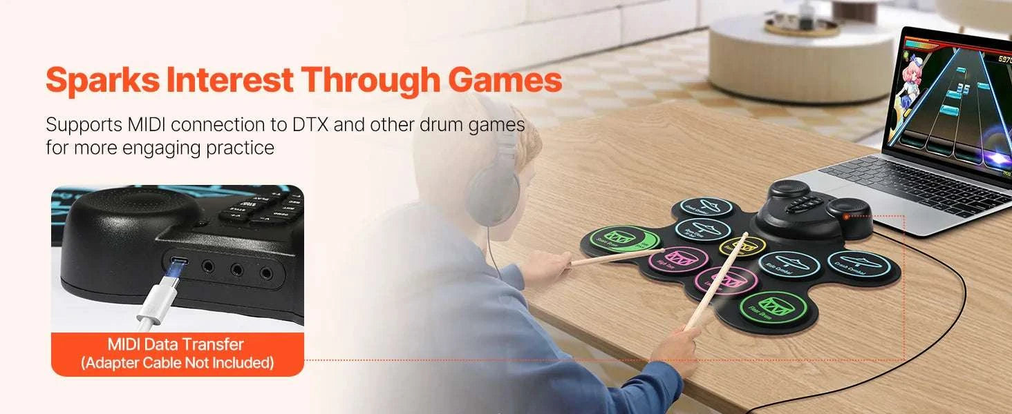 Kids Roll-Up Electronic Drum Set with 7 or 9 Pads & Pedals-7-Pad-Black / United States