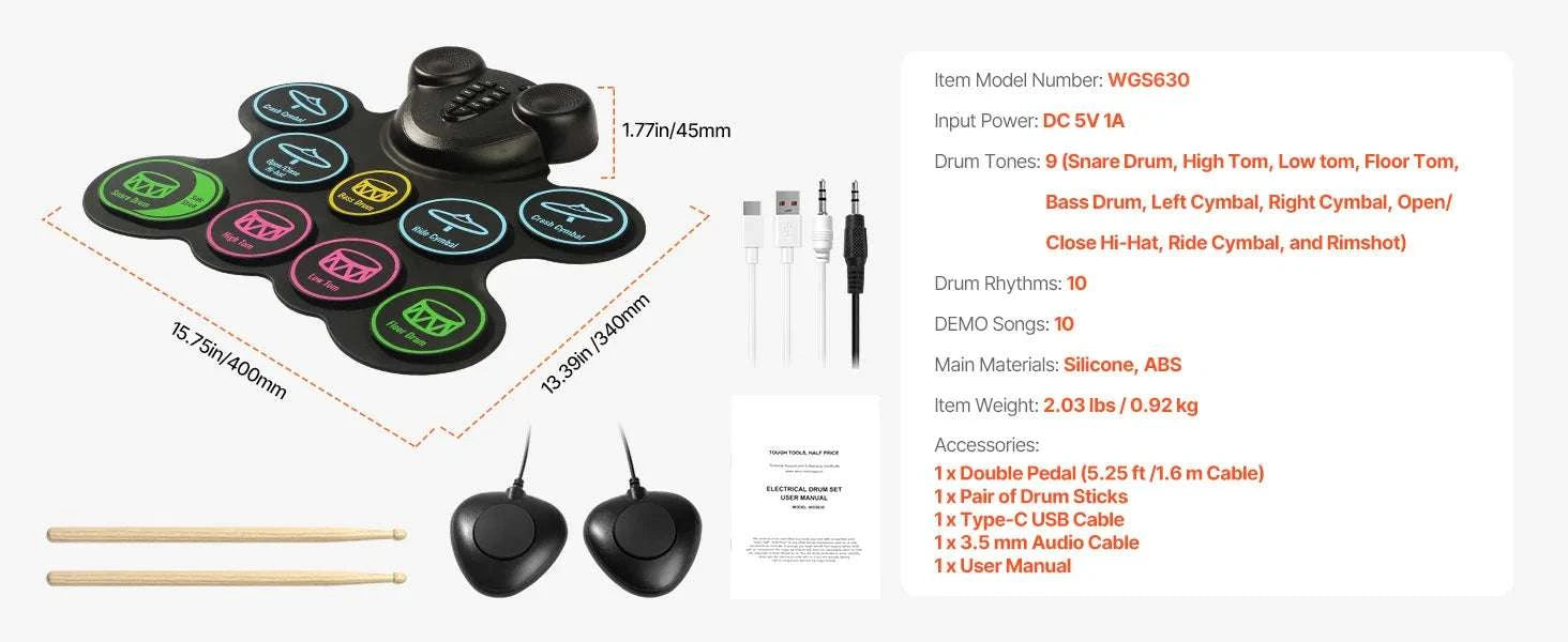 Kids Roll-Up Electronic Drum Set with 7 or 9 Pads & Pedals-7-Pad-Black / United States