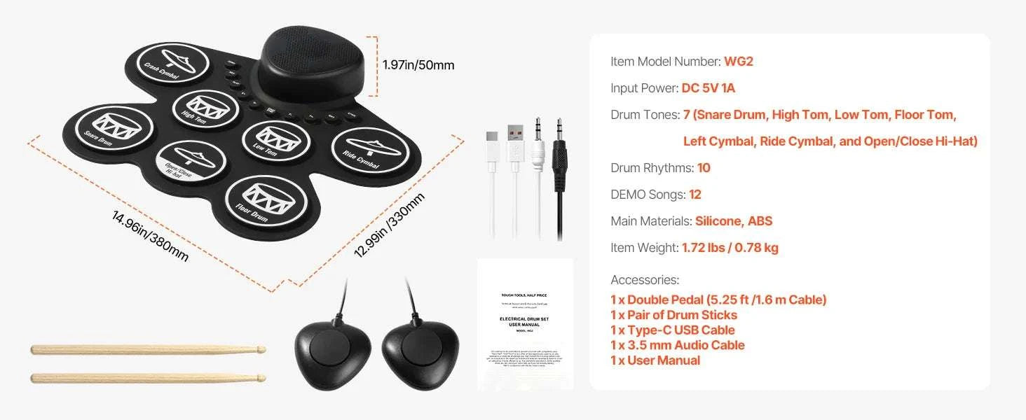 Kids Roll-Up Electronic Drum Set with 7 or 9 Pads & Pedals-7-Pad-Black / United States
