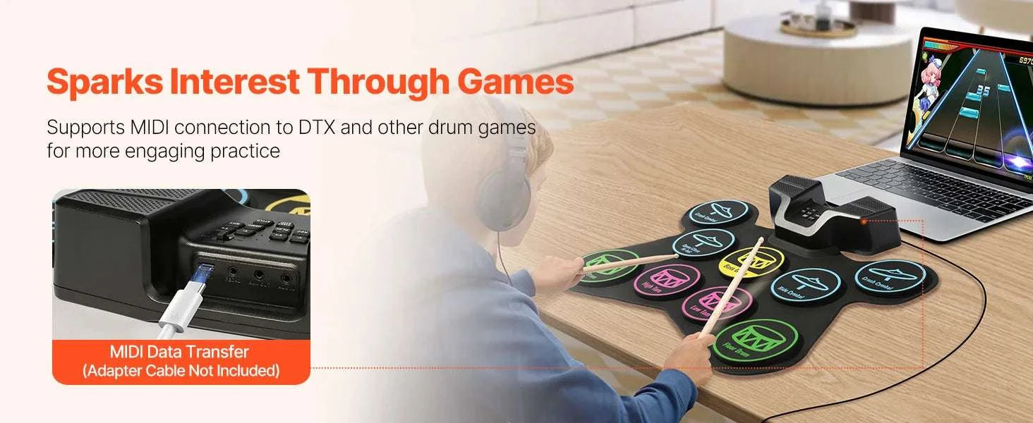 Kids Roll-Up Electronic Drum Set with 7 or 9 Pads & Pedals-7-Pad-Black / United States