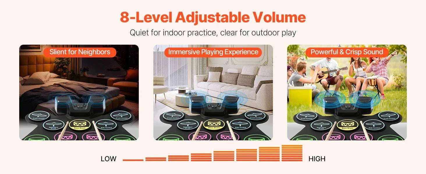 Kids Roll-Up Electronic Drum Set with 7 or 9 Pads & Pedals-7-Pad-Black / United States