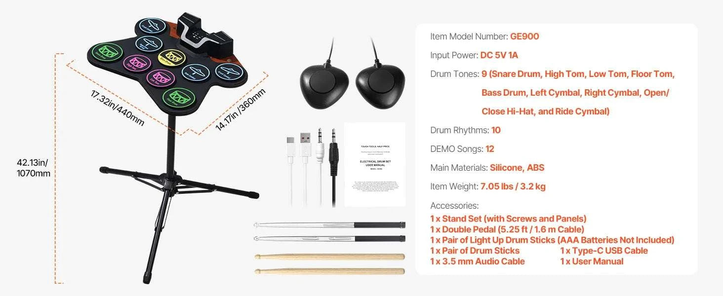 Kids Roll-Up Electronic Drum Set with 7 or 9 Pads & Pedals-7-Pad-Black / United States