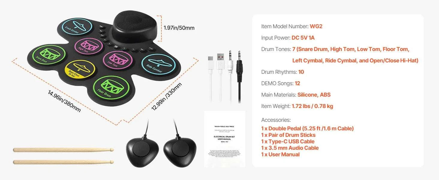 Kids Roll-Up Electronic Drum Set with 7 or 9 Pads & Pedals-7-Pad-Black / United States