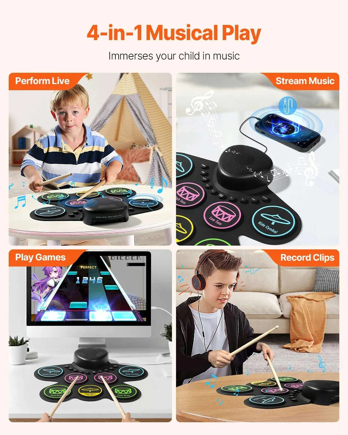 Kids Roll-Up Electronic Drum Set with 7 or 9 Pads & Pedals-7-Pad-Black / United States