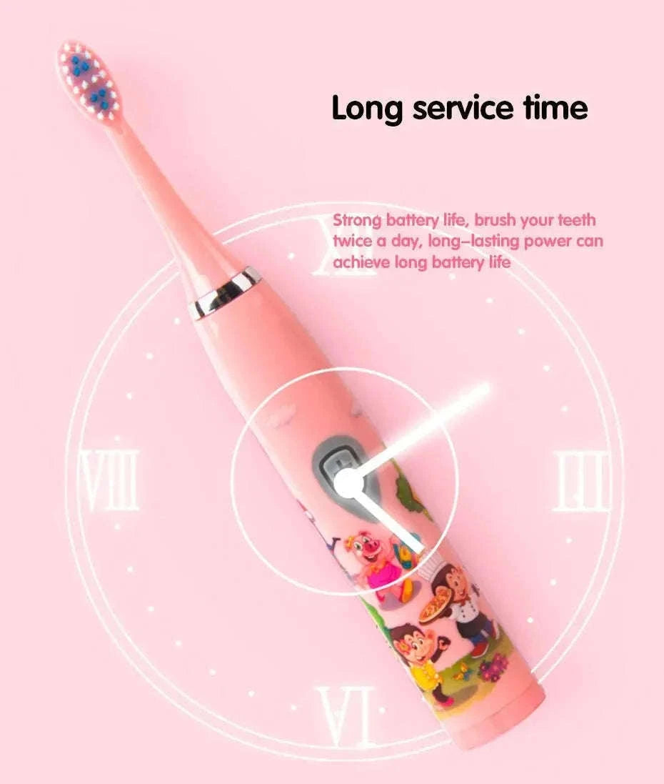 Kids Sonic Electric Toothbrush with Soft Bristles and USB Charging-Pink With 6 Heads