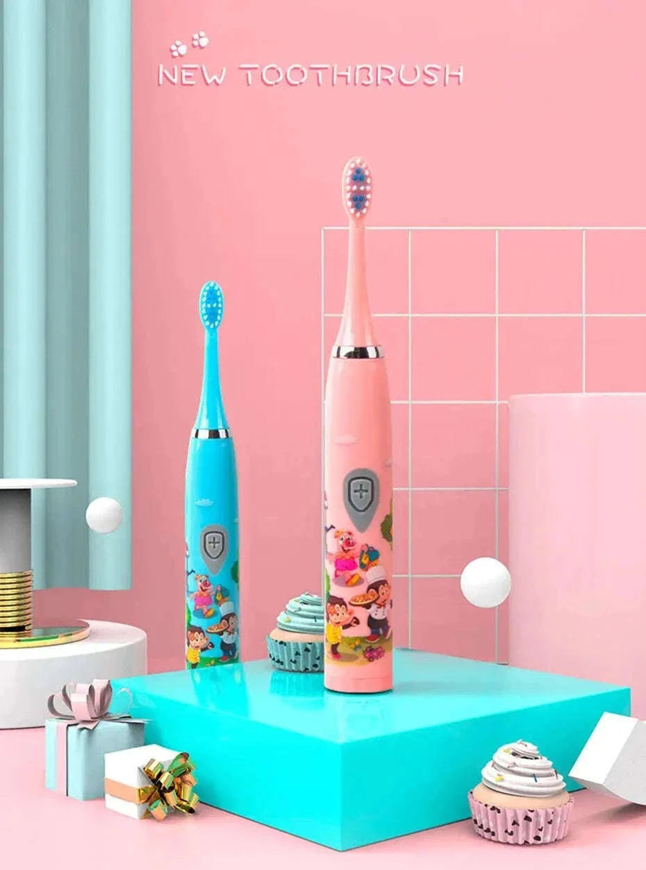 Kids Sonic Electric Toothbrush with Soft Bristles and USB Charging-Pink With 6 Heads