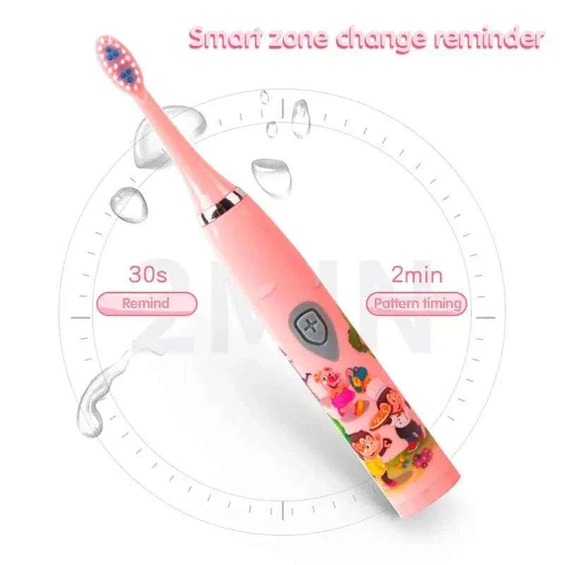 Kids Sonic Electric Toothbrush with Soft Bristles and USB Charging-Pink With 6 Heads