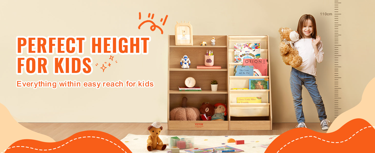 4-Tier Kids Bookshelf with Sling Storage & 10 Compartments