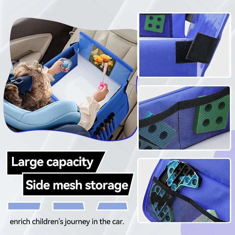 Kids Travel Tray with Tablet Pocket and Foldable Design-Blue