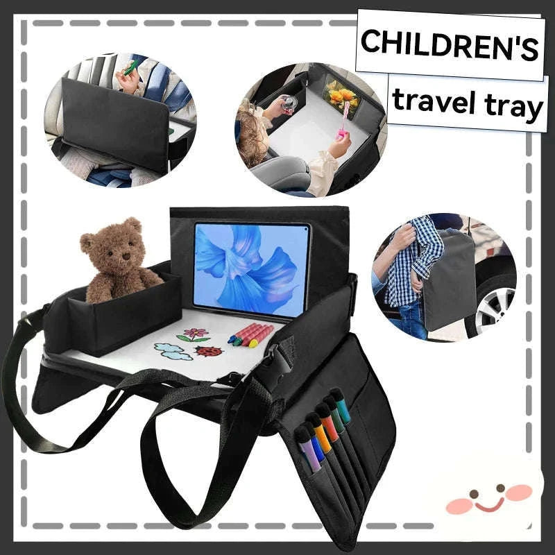 Kids Travel Tray with Tablet Pocket and Foldable Design-Blue