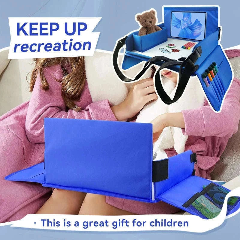 Kids Travel Tray with Tablet Pocket and Foldable Design-Blue