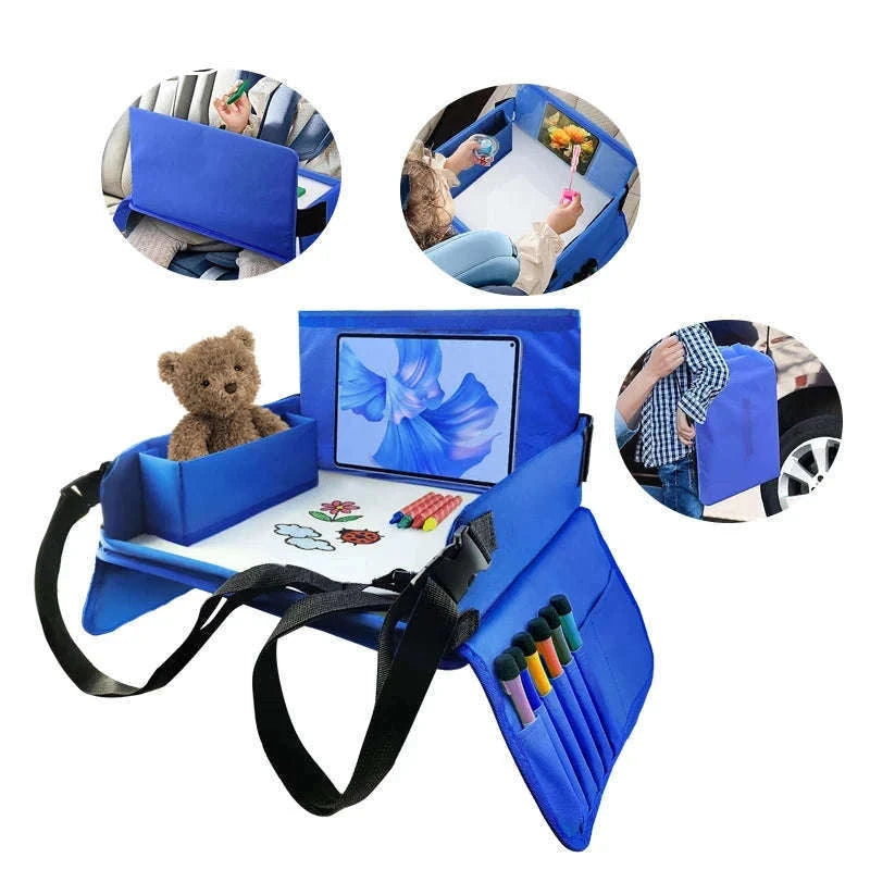 Kids Travel Tray with Tablet Pocket and Foldable Design-Blue