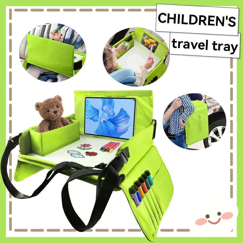 Kids Travel Tray with Tablet Pocket and Foldable Design-Blue