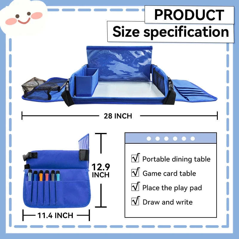 Kids Travel Tray with Tablet Pocket and Foldable Design-Blue