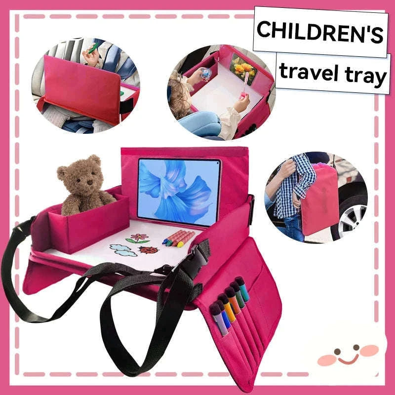Kids Travel Tray with Tablet Pocket and Foldable Design-Blue