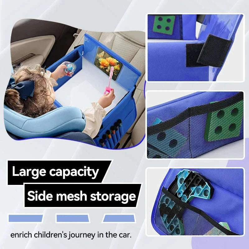 Kids Travel Tray with Tablet Pocket and Foldable Design-Blue
