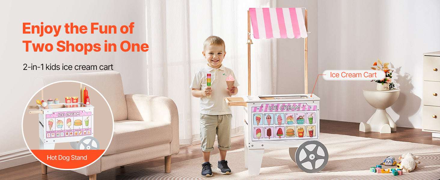 Kids Wooden Ice Cream Cart Playset with 20+ Accessories, 2-in-1 Shop-1Set / United States