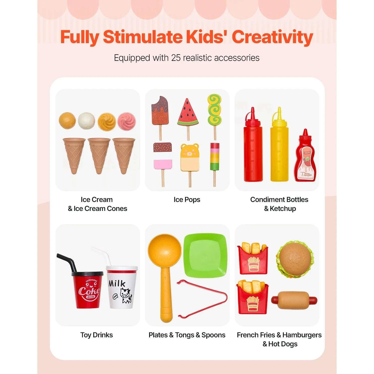 Kids Wooden Ice Cream Cart Playset with 20+ Accessories, 2-in-1 Shop-1Set / United States