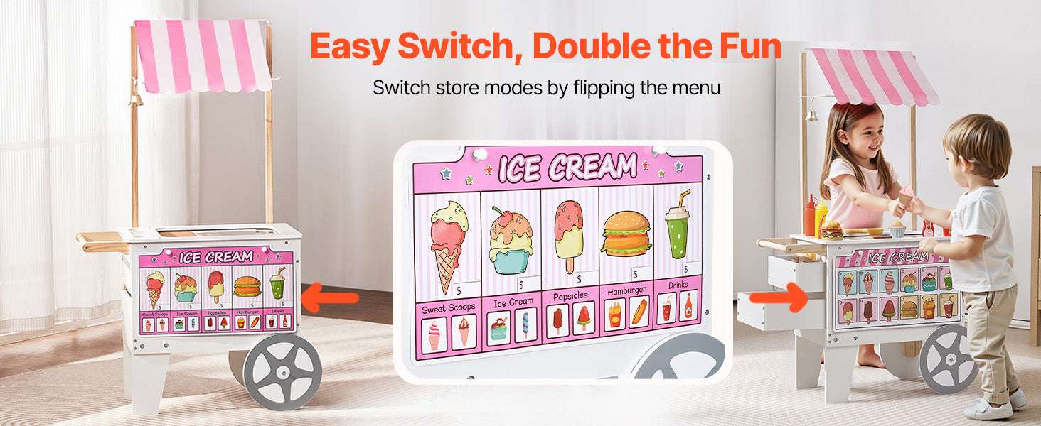 Kids Wooden Ice Cream Cart Playset with 20+ Accessories, 2-in-1 Shop-1Set / United States