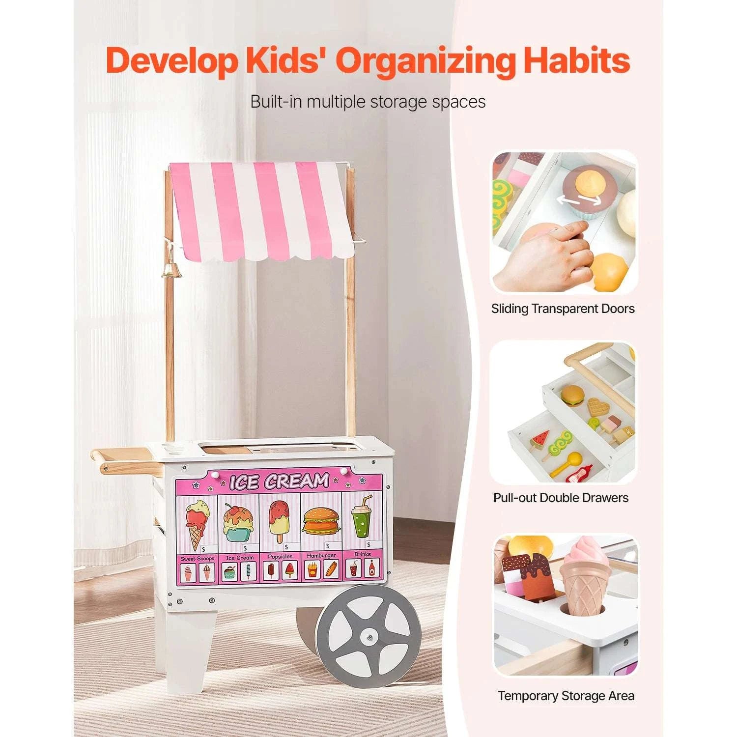 Kids Wooden Ice Cream Cart Playset with 20+ Accessories, 2-in-1 Shop-1Set / United States
