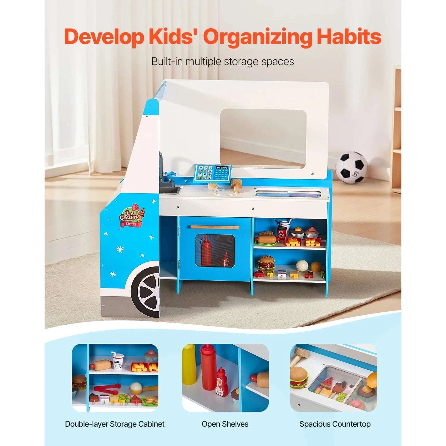 Kids Wooden Ice Cream Cart Playset with Steering Wheel & Accessories-