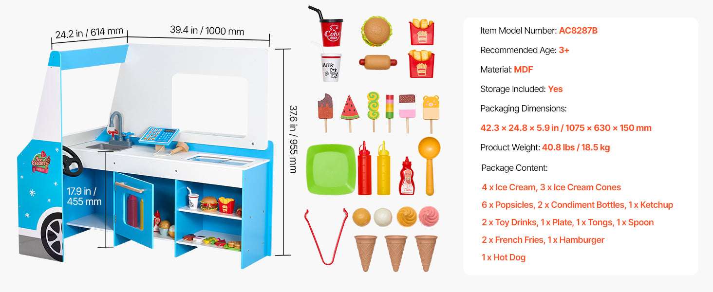 Kids Wooden Ice Cream Cart Playset with Steering Wheel & Accessories-